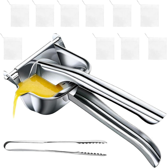 Manual Juicer 304 Stainless Steel, Large-Caliber Citrus Squeezer, Sturdy Hand Juicer, Includes Food Clip and 10 Filter Bags, 9.3x4.7x2.6 in