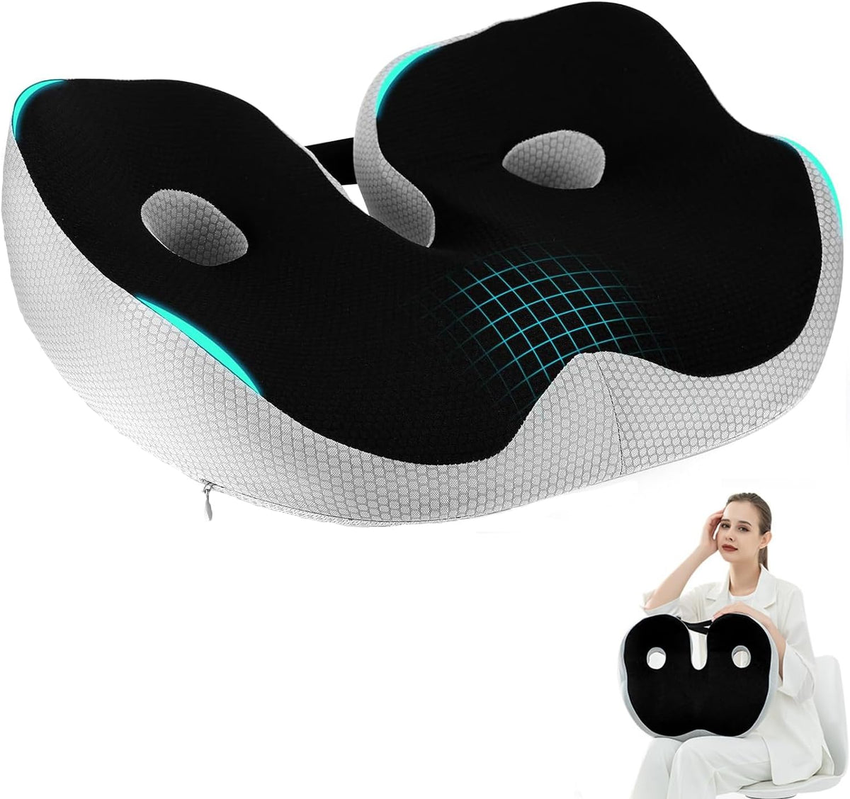 Car Cushion for Long Sitting Sciatica & Back Pain Relief, Memory Ergonomic Seat with Adjustable Straps Support for Driving, Office Chair, Pressure Relief & Comfort Cushion - Black, 48 x 39 x 14cm