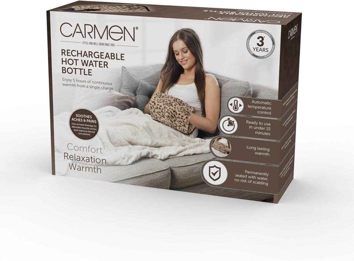 Carmen Rechargeable Hot Water Bottle, Hand Warmer, Automatic Temperature Control, Faux Fur Leopard Print – 350gsm,H x 17cm W x 24cm, C85043LPD