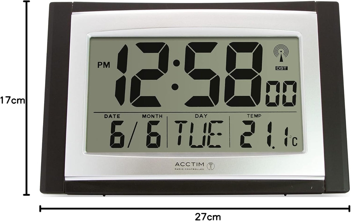 Acctim Stratus radio controlled digital wall and desk clock with LCD display showing date day and temperature, battery powered kitchen or office clock with tabletop or wall mounting in black