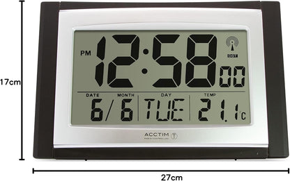 Acctim Stratus radio controlled digital wall and desk clock with LCD display showing date day and temperature, battery powered kitchen or office clock with tabletop or wall mounting in black