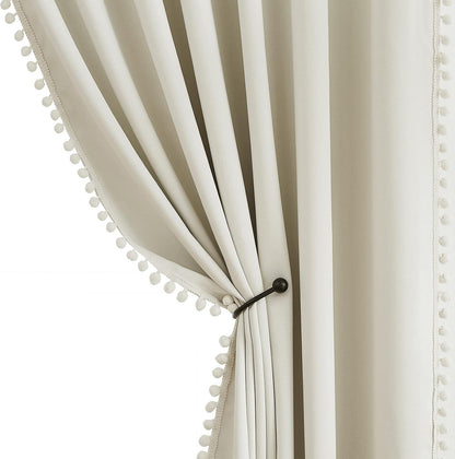 Treatmentex Ivory Pom Pom Blackout Curtains 52 x 54 Inch Drop, 1 Pair