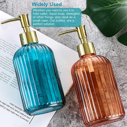 2 Pack Versatile Glass Soap Dispenser Bottle with Pump, 17 Oz Dripless Pump Bottle, Refillable Liquid Hand Jar Dispenser for Bathroom, Countertop, Kitchen, Laundry Room - Amber