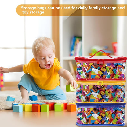 3 Pcs Toy Storage Bags-Clear PVC Organizing Bags with Double Zipper-Reusable Waterproof Toy Container with Handle-Travel Case Pouch for Building Blocks, Puzzle, Balls, Pretend Play Toys