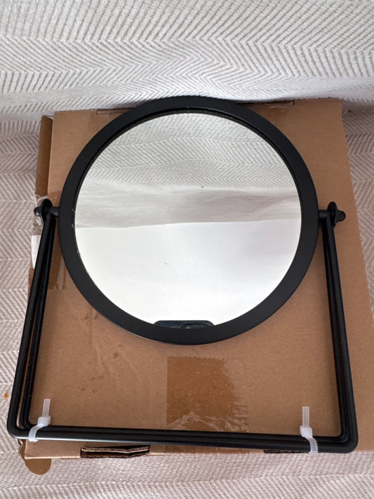 JJUUYOU Desk Mirror with Metal Framed Round Tabletop Mirror 360°Rotation Small Makeup with Stand Mirrors for for Office Dorm Room Cosmetic Black
