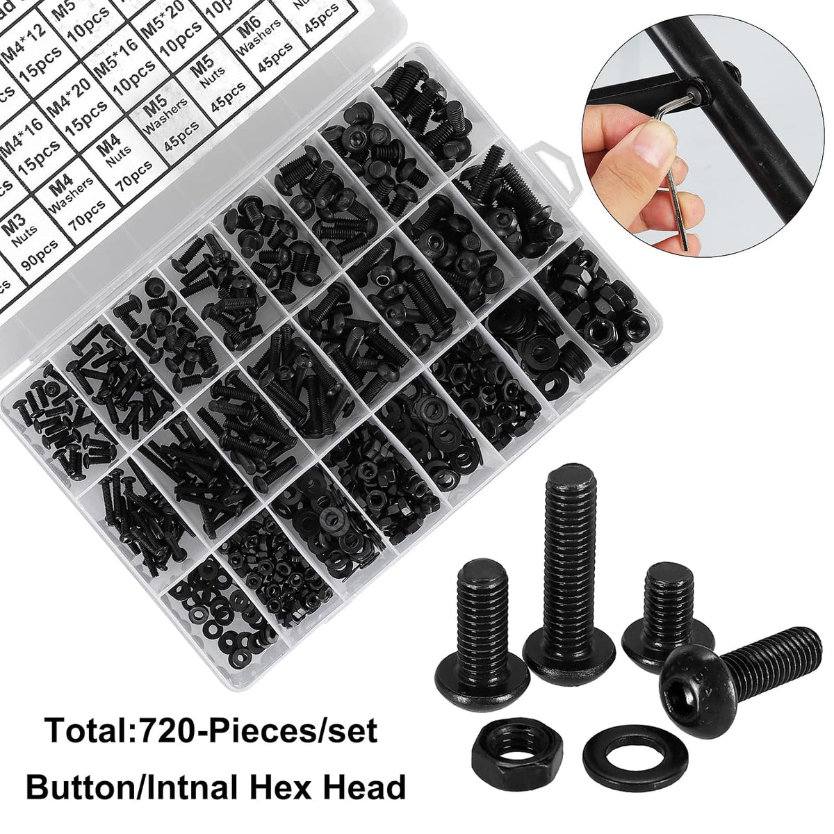 720Pcs Bolts and Nuts Set,M3 M4 M5 M6 Button Head Machine Screws,ISO 7380 Allen Screws,Black Hex Bolts and Washers Set 10.9 Grade Alloy Steel Fully Threaded with 4 Allen Key.