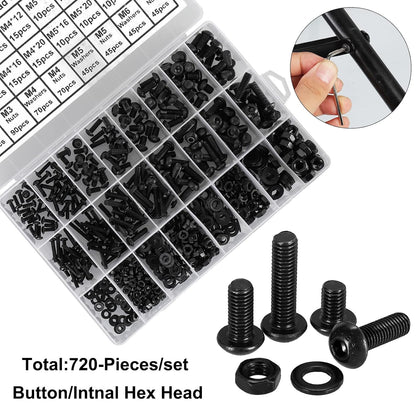 720Pcs Bolts and Nuts Set,M3 M4 M5 M6 Button Head Machine Screws,ISO 7380 Allen Screws,Black Hex Bolts and Washers Set 10.9 Grade Alloy Steel Fully Threaded with 4 Allen Key.