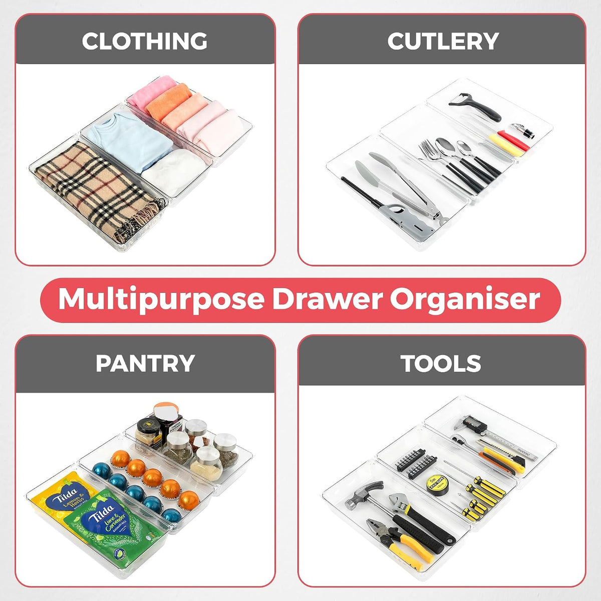 Amtido 2 Pack Drawer Organisers - Sturdy Clear Plastic Storage - Versatile Storage for Kitchen Cutlery, Bathroom, Utensils, Makeup, Office, and Desk Accessories (15.2cm x 30.5cm x 5.1cm)