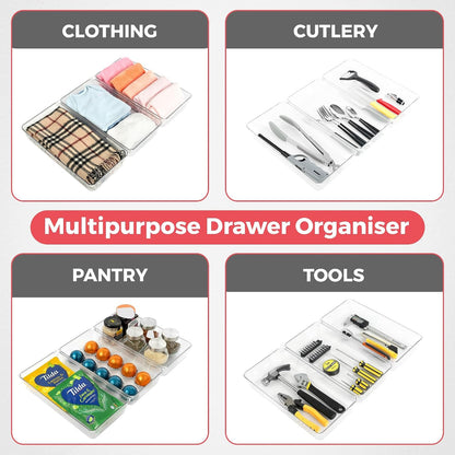 Amtido 2 Pack Drawer Organisers - Sturdy Clear Plastic Storage - Versatile Storage for Kitchen Cutlery, Bathroom, Utensils, Makeup, Office, and Desk Accessories (15.2cm x 30.5cm x 5.1cm)