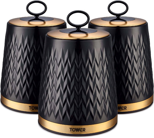 Tower T826091BLK Empire Set of 3 Storage Canisters for Tea Coffee Sugar, 1.3L, Black and Brass