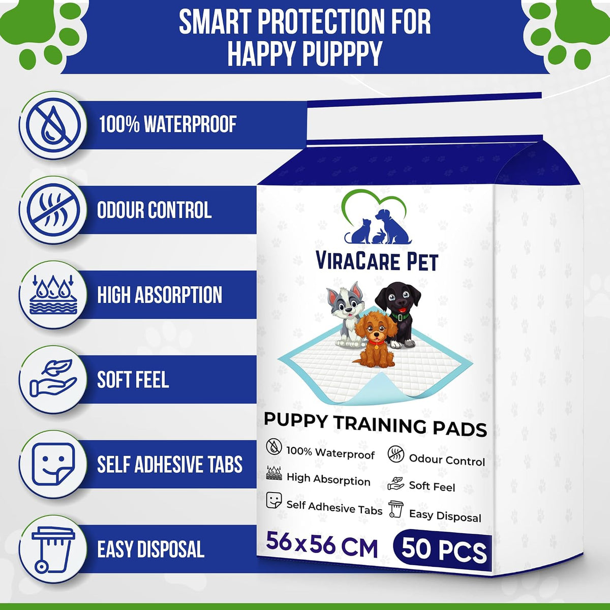 50 x Puppy Training Pads 56x56cm, Dog Pee Pad, Self Adhesive Tabs