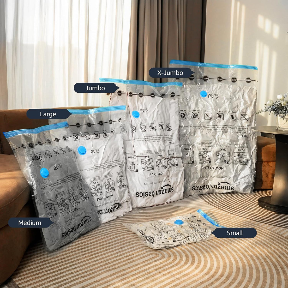 Amazon Basics Vacuum Compression Zipper Storage Bags with Airtight Valve and Hand Pump, Medium, 5-Pack, Clear