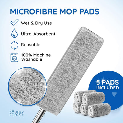 Premium Flat Mop and Bucket Set for Floor Cleaning - Compact & Lightweight Cleaning System with 360 Rotating Head - 5 Microfibre Reusable Mop Pads Included - 3 Chamber Design
