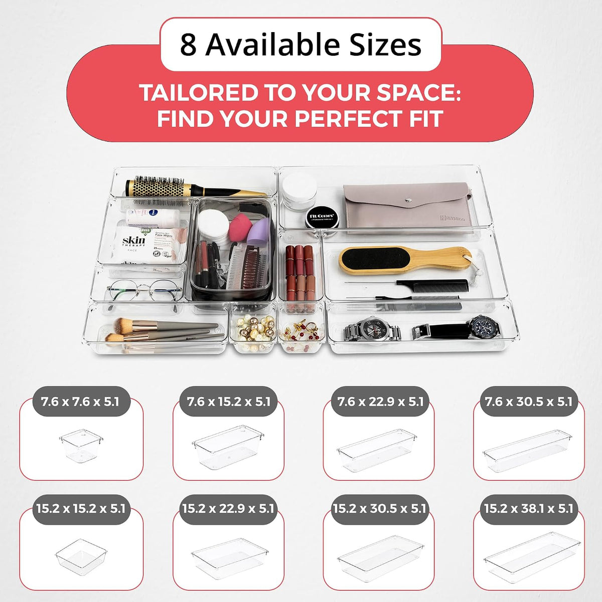 Amtido 2 Pack Drawer Organisers - Sturdy Clear Plastic Storage - Versatile Storage for Kitchen Cutlery, Bathroom, Utensils, Makeup, Office, and Desk Accessories (15.2cm x 30.5cm x 5.1cm)