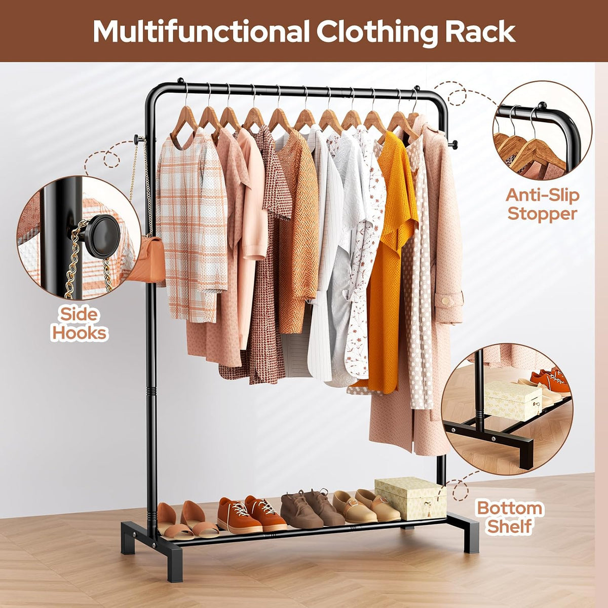 Clothes Rail for Bedroom - Clothing Rail with Shelf - Black