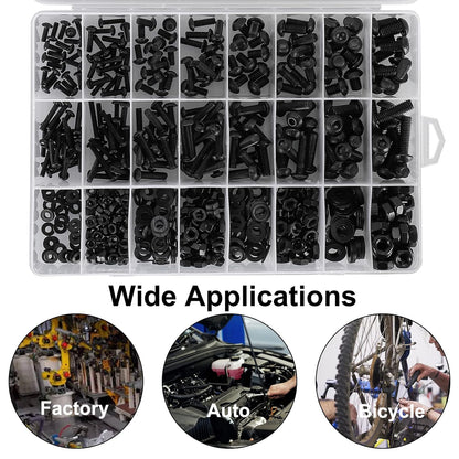720Pcs Bolts and Nuts Set,M3 M4 M5 M6 Button Head Machine Screws,ISO 7380 Allen Screws,Black Hex Bolts and Washers Set 10.9 Grade Alloy Steel Fully Threaded with 4 Allen Key.