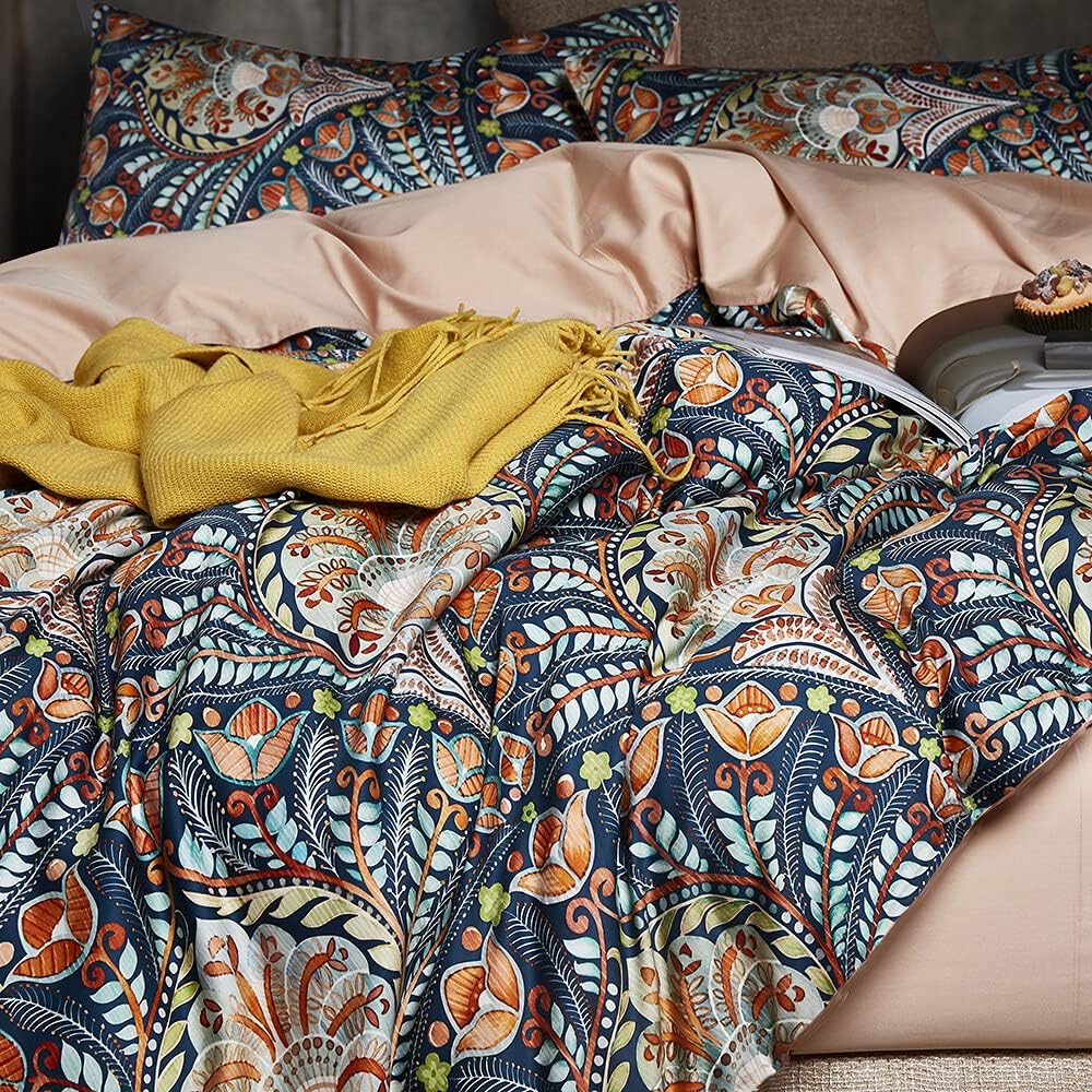 Cupocupa Duvet Cover King Size Set Boho Floral Pattern King Duvet Cover Set for King Size Bed Vintage Soft Bedding Leaf Print Paisley Duvet Cover with Pillowcases