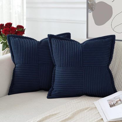 Artscope Corduroy Cushion Covers Pack of 2 Modern Patchwork Throw Pillow Covers Soft Pillowcase Broadside Decorative Textured Cushions for Home decor Sofa Bedroom Couch Navy Blue 50x50cm