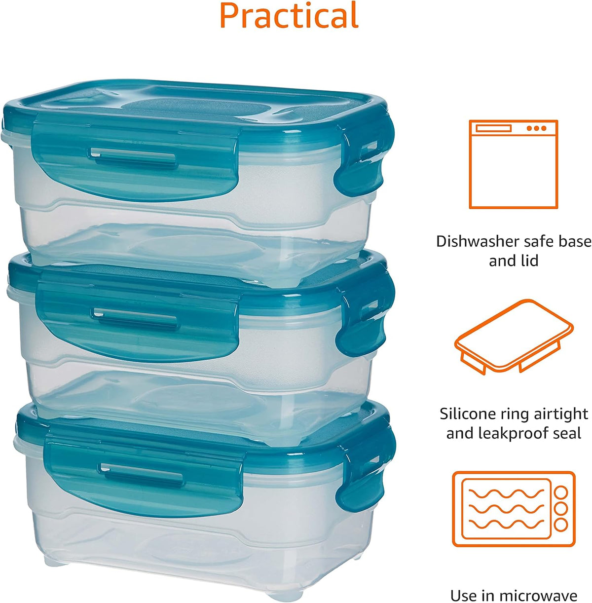 Amazon Basics Air-Locked Leak-Proof, Stackable & Airtight Fridge/Freezer Containers with Lids, BPA-Free Plastic, Microwave and Dishwasher Safe 3-Piece Food-Storage Set, 3 x 0.6 liter, Light Blue