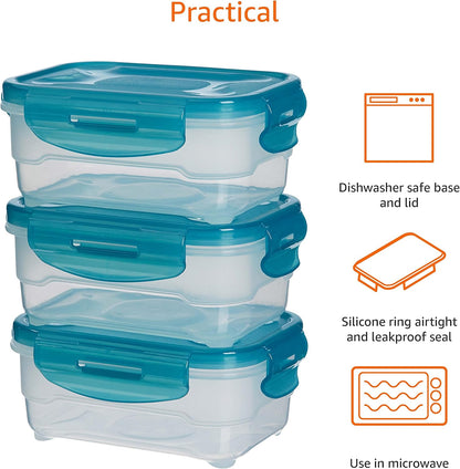 Amazon Basics Air-Locked Leak-Proof, Stackable & Airtight Fridge/Freezer Containers with Lids, BPA-Free Plastic, Microwave and Dishwasher Safe 3-Piece Food-Storage Set, 3 x 0.6 liter, Light Blue