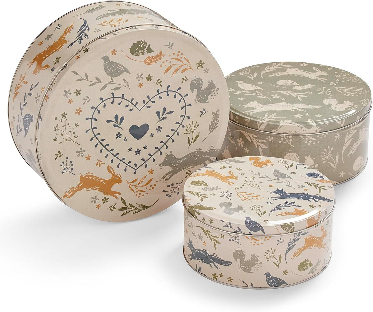Cooksmart England Set of 3 Cake Storage Tins | Cake Tin/Biscuit Tin Available as Square Storage Tin or as Round Storage Tin (Woodland)