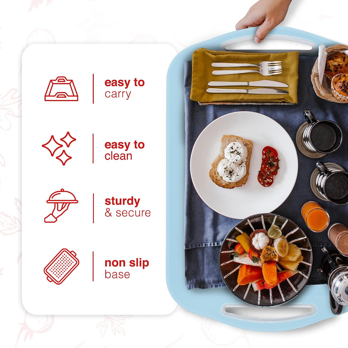 Essen 2-Pack Serving Tray Set – Non-Slip Lap Boards with Grip Handles, Ideal for Food Prep, Tea, Breakfast in Bed – Plastic Tray for Stable Dining – Dishwasher Safe (Black/Black)