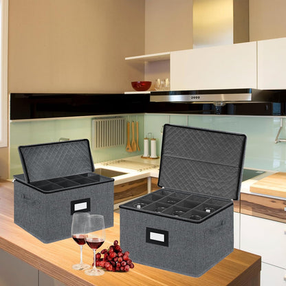 2 Pack Stemware Storage Cases - China Storage Containers Hard Shell for Glasses, Stackable Crystal Glassware Storage with Label, Handles for Protection, Moving (Dark Grey)