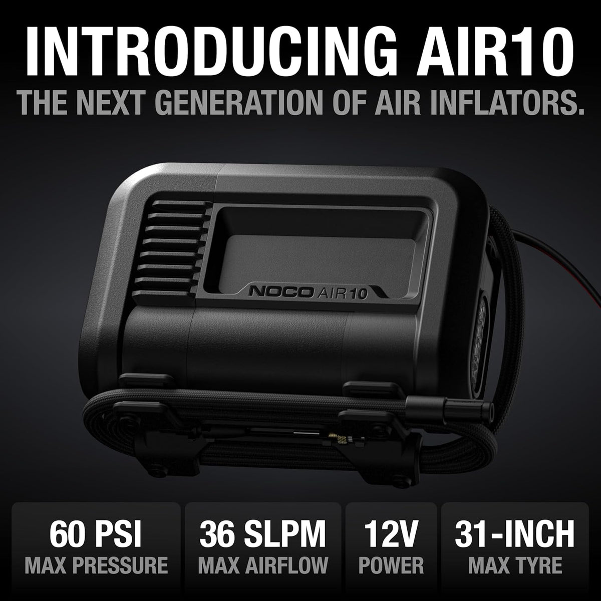 NOCO AIR10: UltraFast 10A Tyre Inflator - 12V Portable Air Compressor Pump – 36 SLPM Airflow Inflates 0–40 PSI in 3.8 Minutes – Digital Gauge + Auto-Shutoff