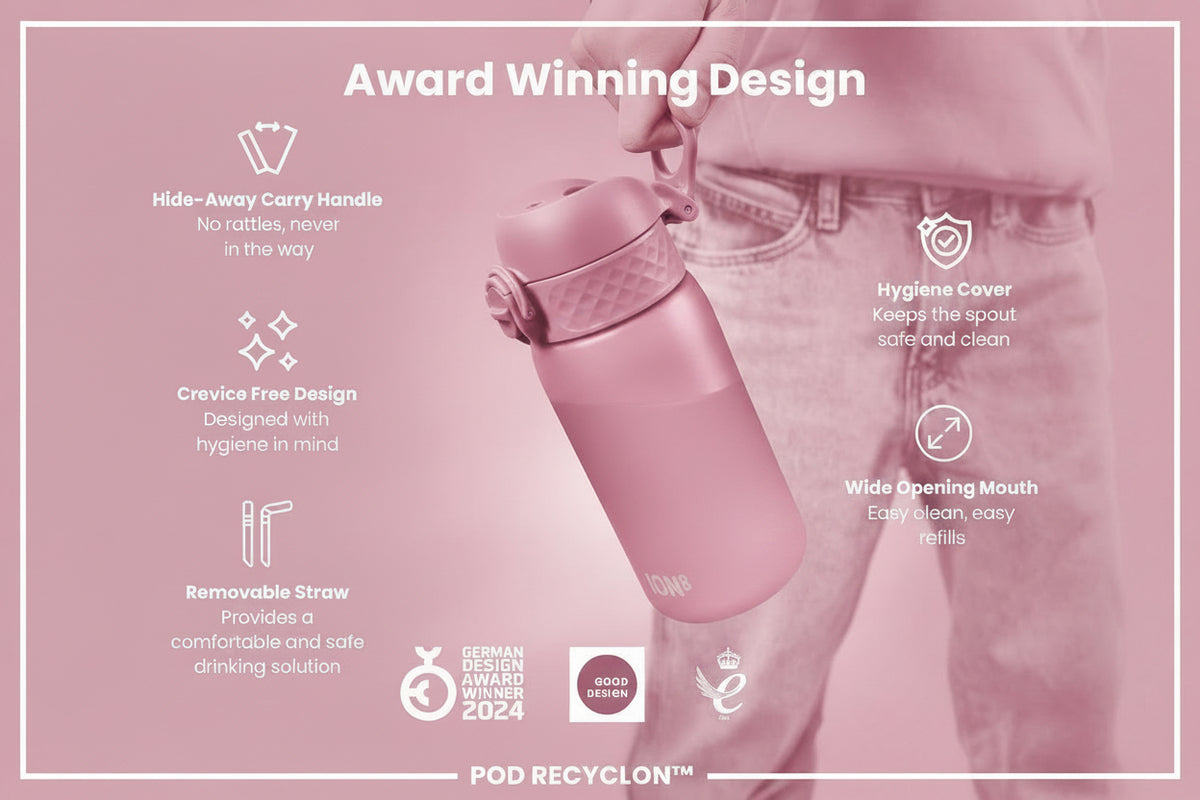 Ion8 Water Bottle Leak Proof & BPA-Free Drinking Bottle with Straw, Triple Lock Lid to Prevent Spills & Integrated Handle, Ideal for Little Hands & Lunch Boxes, Recyclon with Straw