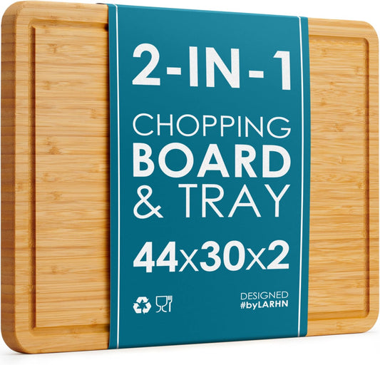 LARHN 2-in-1 Extra-Large Wooden Chopping Board & Serving Tray - 44x30x2cm | Solid Vertical-Grain Bamboo Cutting Board, Juice Groove, Reversible, Pre-Oiled, Plastic-Free, for Meat, Veg, Bread & Cheese