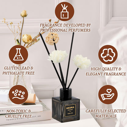 Black Glass Bottle Reed Diffuser, 50ml Long Lasting Freesia Scent Air Freshener for Home & Room Decor, Room Diffuser with Decorative Sticks, Bathroom Air Freshener and Home decor
