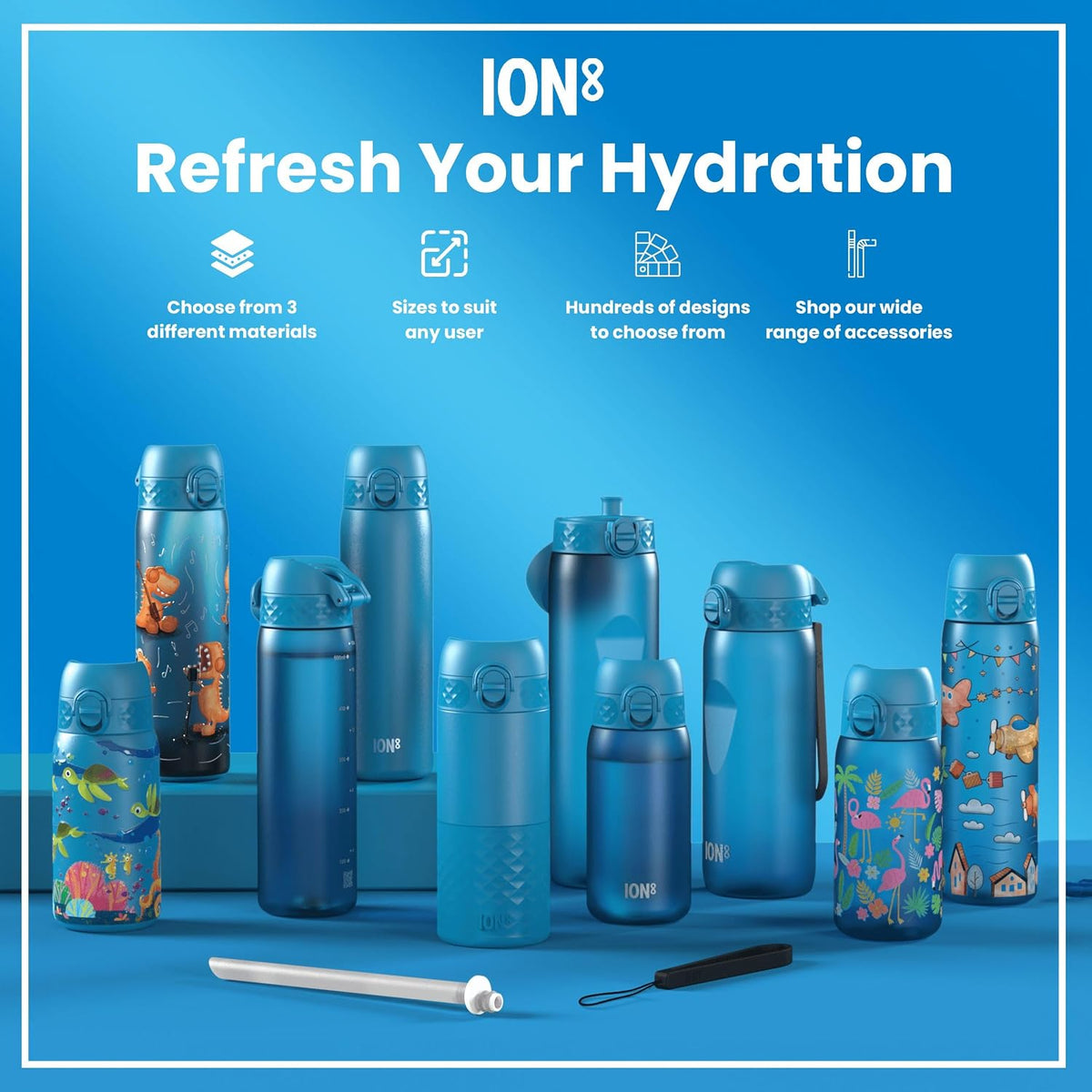 Ion8 Water Bottle Leak Proof & BPA-Free Drinking Bottle with Straw, Triple Lock Lid to Prevent Spills & Integrated Handle, Ideal for Little Hands & Lunch Boxes, Recyclon with Straw