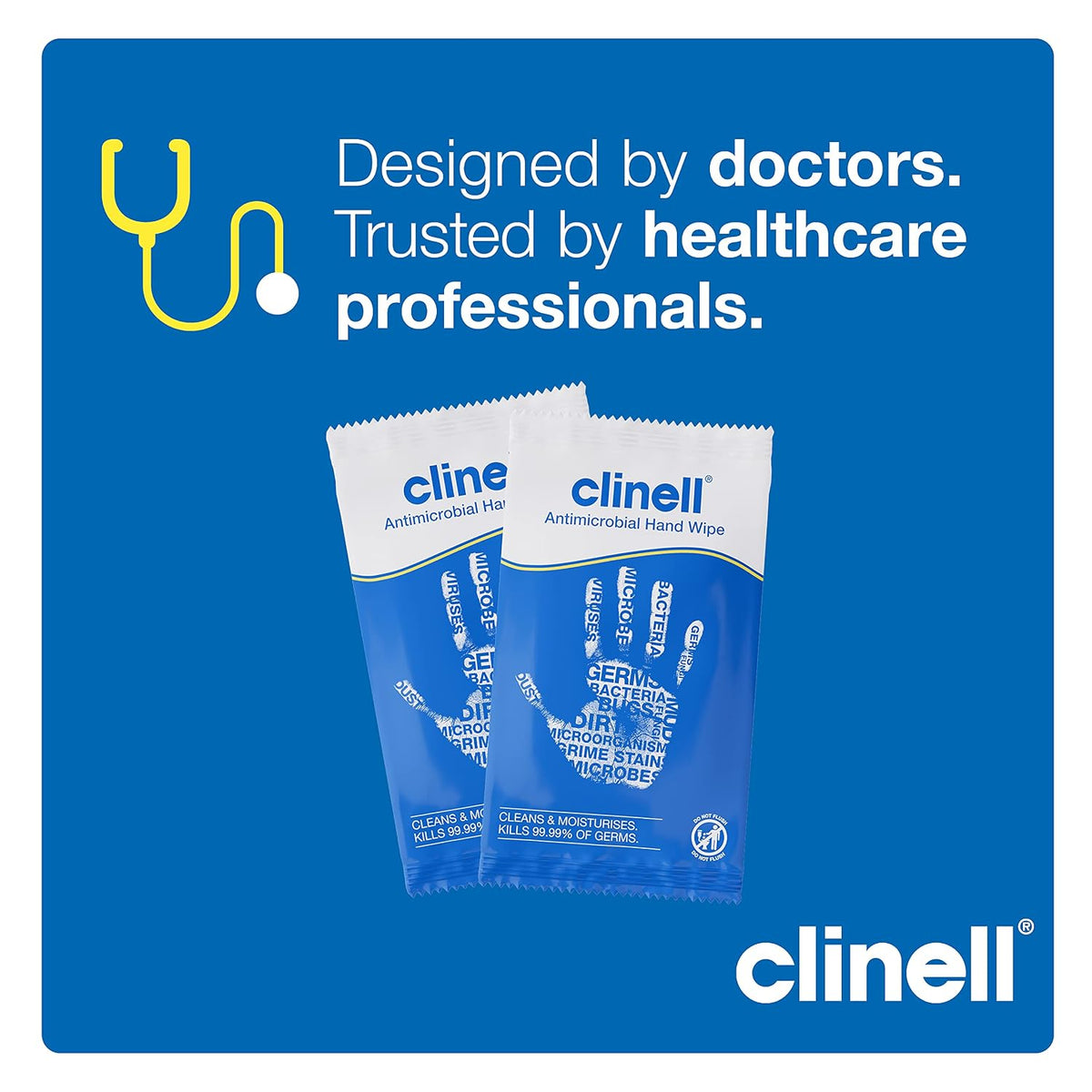 Clinell Antimicrobial Hand Wipes - Pack of 100 Individually Wrapped Sachets - Sanitising Wipes, Ideal for Travel - Dermatologically Tested, Kills 99.99% of Germs