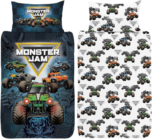Monster Jam Single Duvet Cover - Grave Digger, Max-D, Megalodon, Dragon & El Toro Loco Design - Officially Licensed Reversible Bedding set with matching Pillowcase - Polycotton