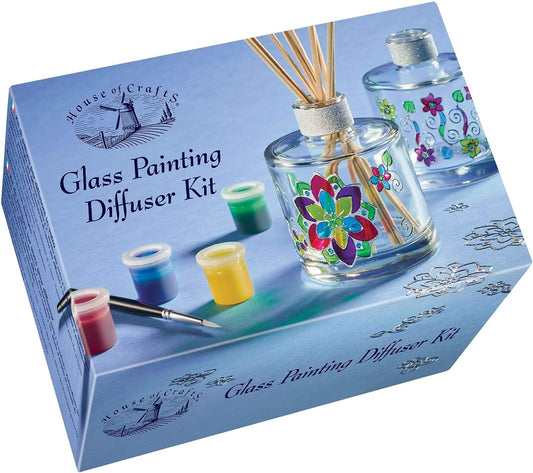 House of Crafts Glass Painting Diffuser, Single Craft Kit Set, Multicoloured, Includes 2 Glass Fragrance Diffuser Bottles, Silver Outline Stickers, 5 Paints, Brush, Reed Diffuser Sticks, Instructions
