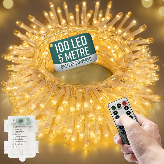 GloBrite Garden Fairy Lights Battery Operated - 100 LED String Lights with Remote - 8 Lighting Modes - Battery Fairy Lights Indoor & Outdoor - Bedroom Aesthetic - (Warm White LED)