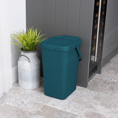 Addis 519354 Kitchen Recycling & General Storage bin 18 litres Stackable Food Waste Organiser Caddy with Clip lock lid & carrying Handle, Deep Teal Green