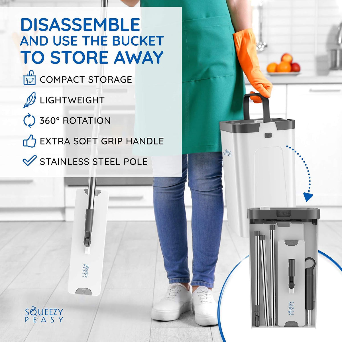 Premium Flat Mop and Bucket Set for Floor Cleaning - Compact & Lightweight Cleaning System with 360 Rotating Head - 5 Microfibre Reusable Mop Pads Included - 3 Chamber Design