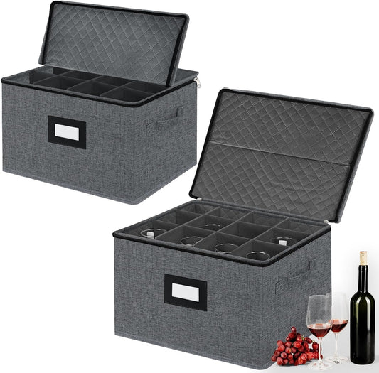 2 Pack Stemware Storage Cases - China Storage Containers Hard Shell for Glasses, Stackable Crystal Glassware Storage with Label, Handles for Protection, Moving (Dark Grey)