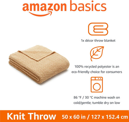 Amazon Basics Knitted Sofa Throw Blanket, Soft Bed Throw for Room Décor, 127 x 152 cm, Sand