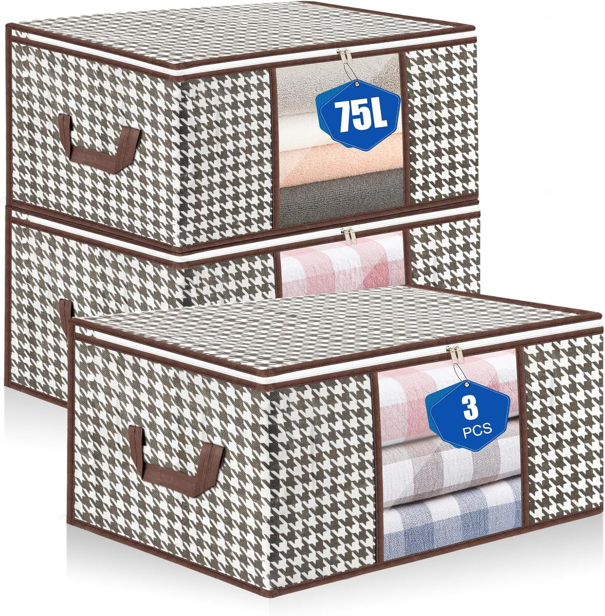 75L Storage Bags, 3 PCS Large Storage Bags Boxes With Lids, Foldable Clothes Storage Organiser, Breathable Thick Fabric Moving Bags For Clothes, Blanket, Comforters, Bedding