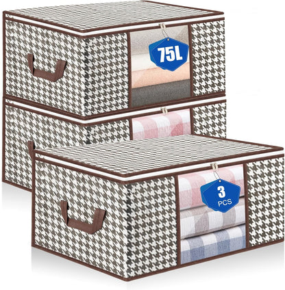 75L Storage Bags, 3 PCS Large Storage Bags Boxes With Lids, Foldable Clothes Storage Organiser, Breathable Thick Fabric Moving Bags For Clothes, Blanket, Comforters, Bedding