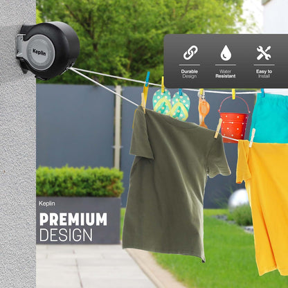 Keplin Retractable Washing Line – 30M Heavy-Duty Dual Clothesline, Automatic Retraction Wall-Mounted & Space-Saving Laundry Airer, Holds 15kg Easy Install, Indoor & Outdoor (30 Metres) Black