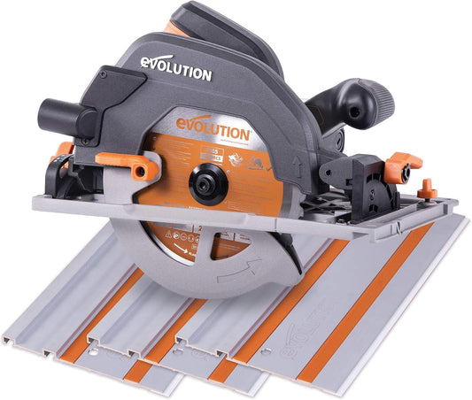 Evolution Power Tools R185CCSX Circular Saw With 1020 mm 3-Piece Track | Multi-Material Blade, Cuts Wood, Metal, Plastic & More | excluding Dust Port Adapter | 185mm (230v)