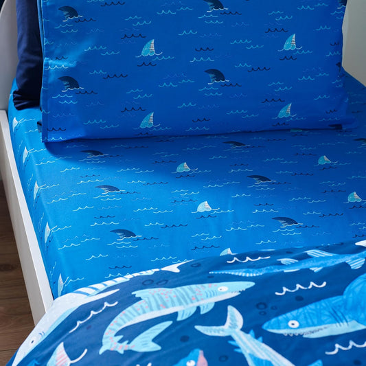 Catherine Lansfield Kids Jawsome Shark Double Fitted Sheet Navy Blue