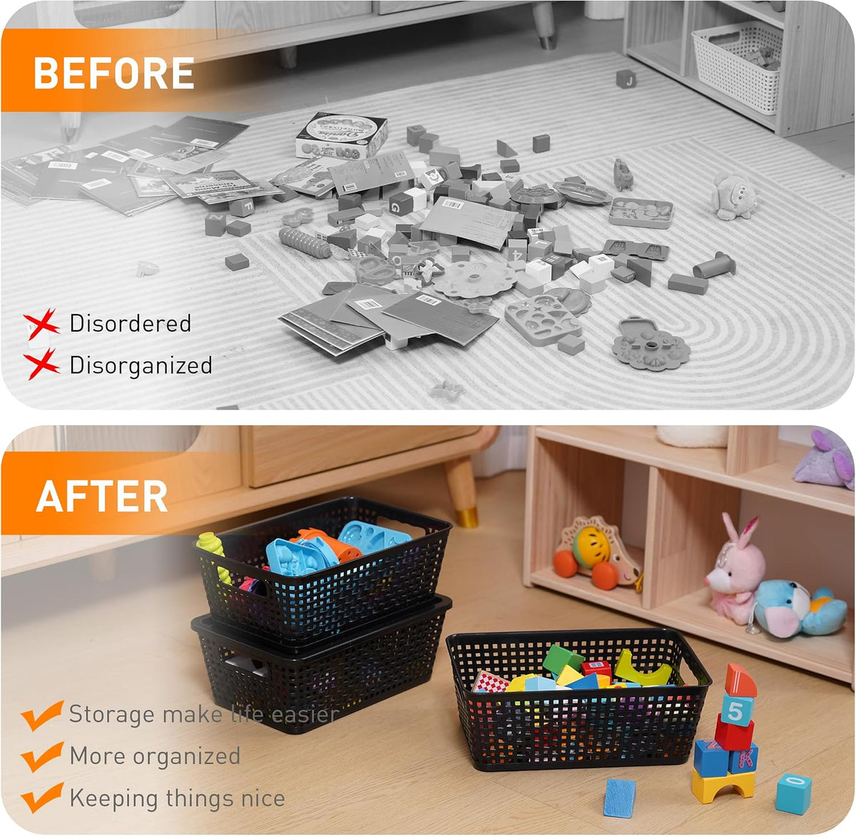 Citylife Set of 8 Pack Plastic Storage Baskets With Lid, Storage Basket for Organizing,Stackable Storage Containers Bins Boxes for Kitchen Bathroom Desktop Closet Classroom Office,Black