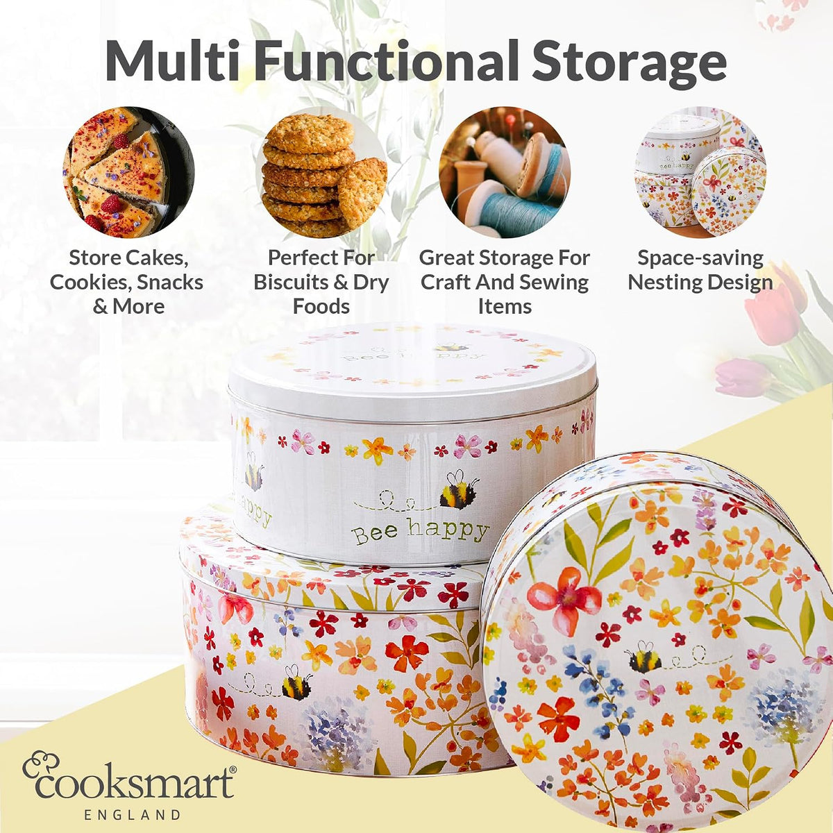 Cooksmart England Set of 3 Cake Storage Tins, Nesting Design