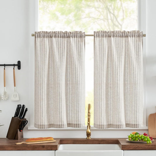 TOPICK Grey Striped Kitchen Curtains, Cafe Curtain 2 Panels, W26xL24 Inch