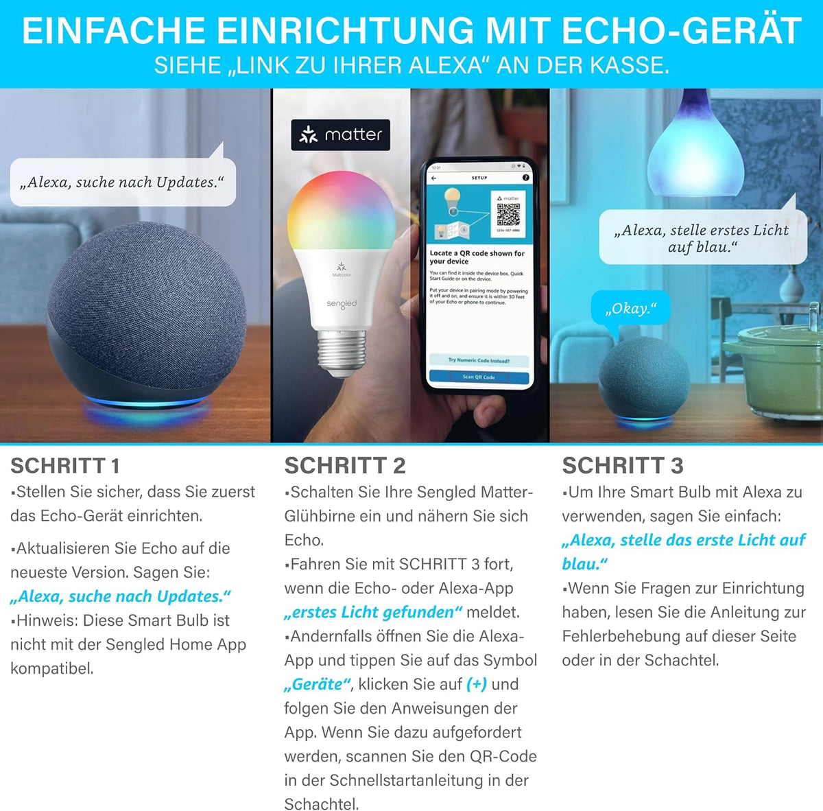 Sengled LED Smart Light Bulb (E27), Matter-Enabled, Multicolour, Works with Alexa, 60W Equivalent, 800LM, Instant Pairing, Matter-Compatible Platform Required, 2.4 GHz, Wi-Fi, 1-Pack