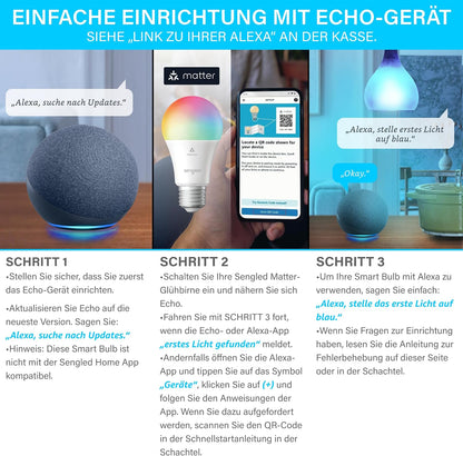 Sengled LED Smart Light Bulb (E27), Matter-Enabled, Multicolour, Works with Alexa, 60W Equivalent, 800LM, Instant Pairing, Matter-Compatible Platform Required, 2.4 GHz, Wi-Fi, 1-Pack